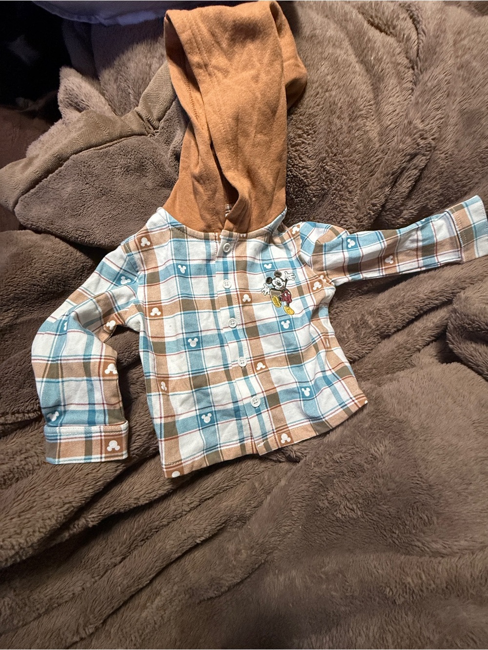 Kids Hooded Plaid Button-Up Shirt Jacket with Mickey Patch - Brown & Blue